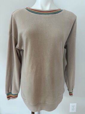 Beige Women's Pullover Sweater with Rainbow-Trim Neckline